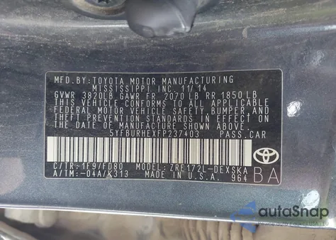 2015 Toyota Corolla S Plus from USA, damaged, VIN 5YFBURHEXFP237403